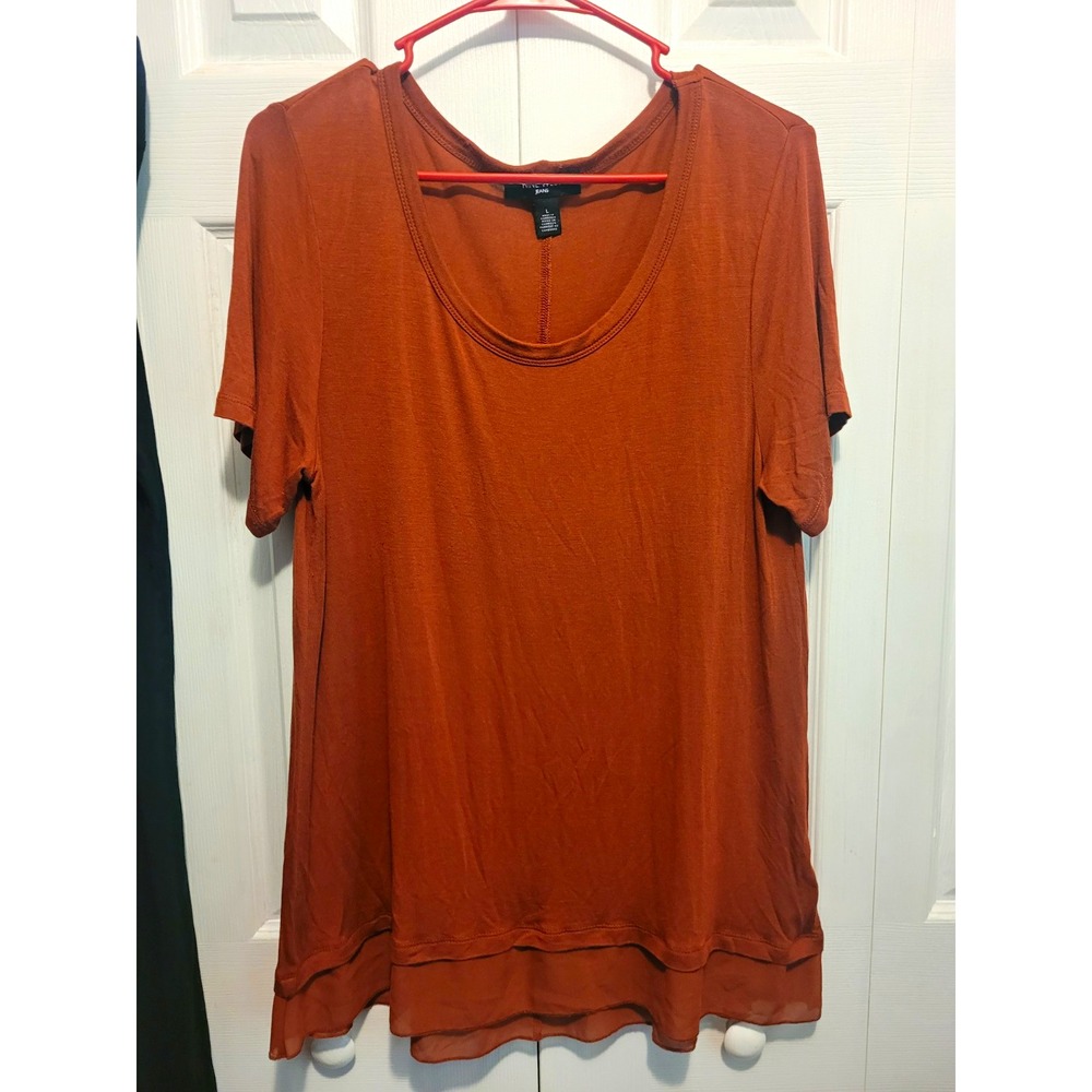 Nine West Jeans Women Large Rust Burnt Orange Scoop Neck Layered Chiffon Hem Top